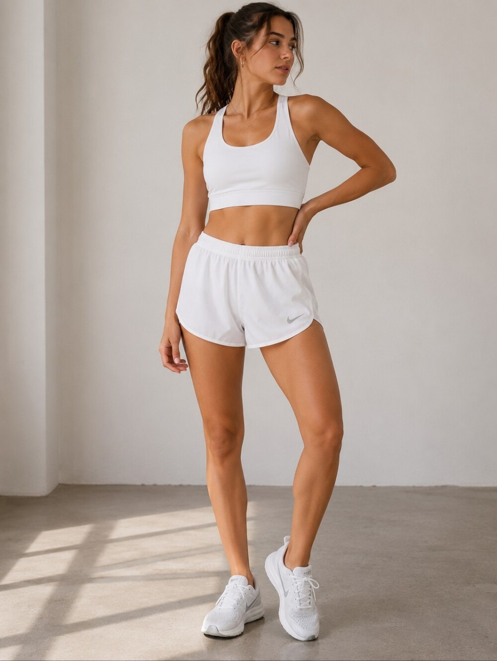 Nike White Women's Athletic Shorts with Silver Swoosh